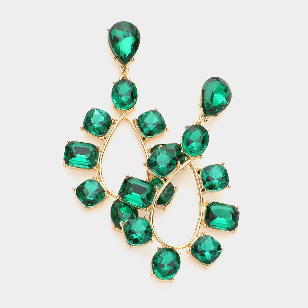 Gold & Green Stone Rhinestone Evening Statement Earrings
